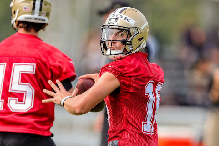 New Orleans Saints quarterback Ian Book (16) during a training camp session. Mandatory Credit: Stephen Lew-USA TODAY